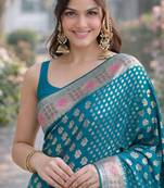 Rama silk blend banarasi saree with unstitched blouse piece