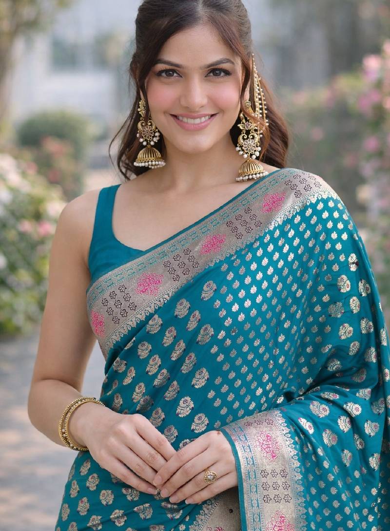 Rama soft silk banarasi jacuard work designer party wear saree with unstitched blouse piece