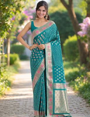 Rama silk blend banarasi saree with unstitched blouse piece 3