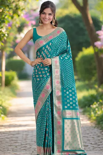 Rama silk blend banarasi saree with unstitched blouse piece