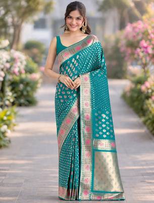Rama silk blend banarasi saree with unstitched blouse piece 4