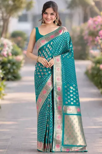 Rama silk blend banarasi saree with unstitched blouse piece