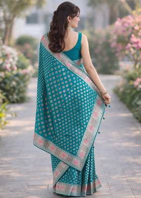 Rama silk blend banarasi saree with unstitched blouse piece 5