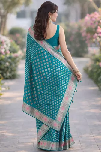 Rama silk blend banarasi saree with unstitched blouse piece