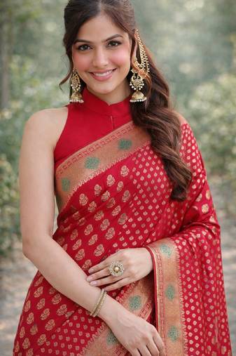 Red soft silk banarasi jacuard work designer party wear saree with unstitched blouse piece