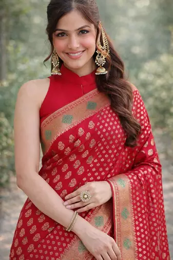 Red soft silk banarasi jacuard work designer party wear saree with unstitched blouse piece