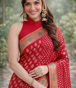 Red silk blend banarasi saree with unstitched blouse piece