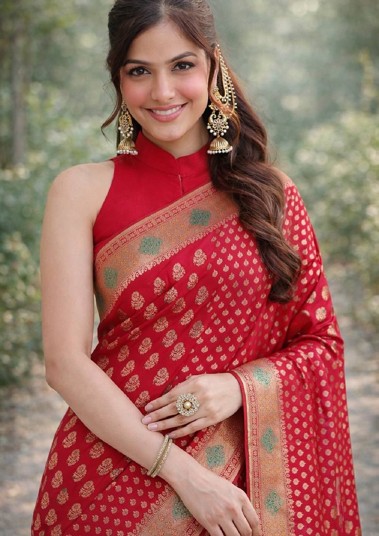 Red soft silk banarasi jacuard work designer party wear saree with unstitched blouse piece