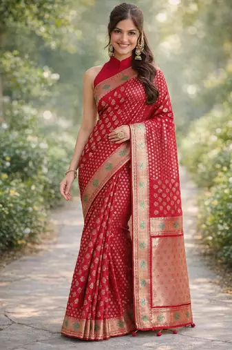 Red silk blend banarasi saree with unstitched blouse piece