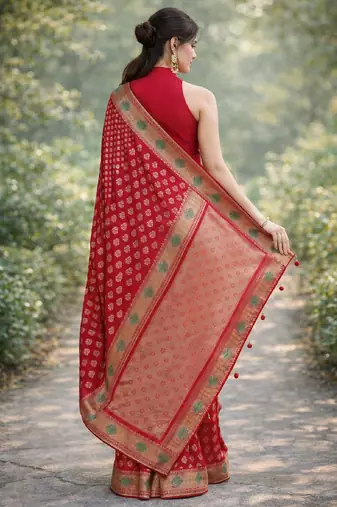 Red silk blend banarasi saree with unstitched blouse piece