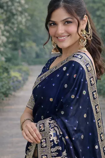 Blue soft silk banarasi jacuard work designer party wear saree with unstitched blouse piece