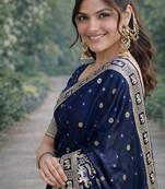 Blue silk blend banarasi saree with unstitched blouse piece