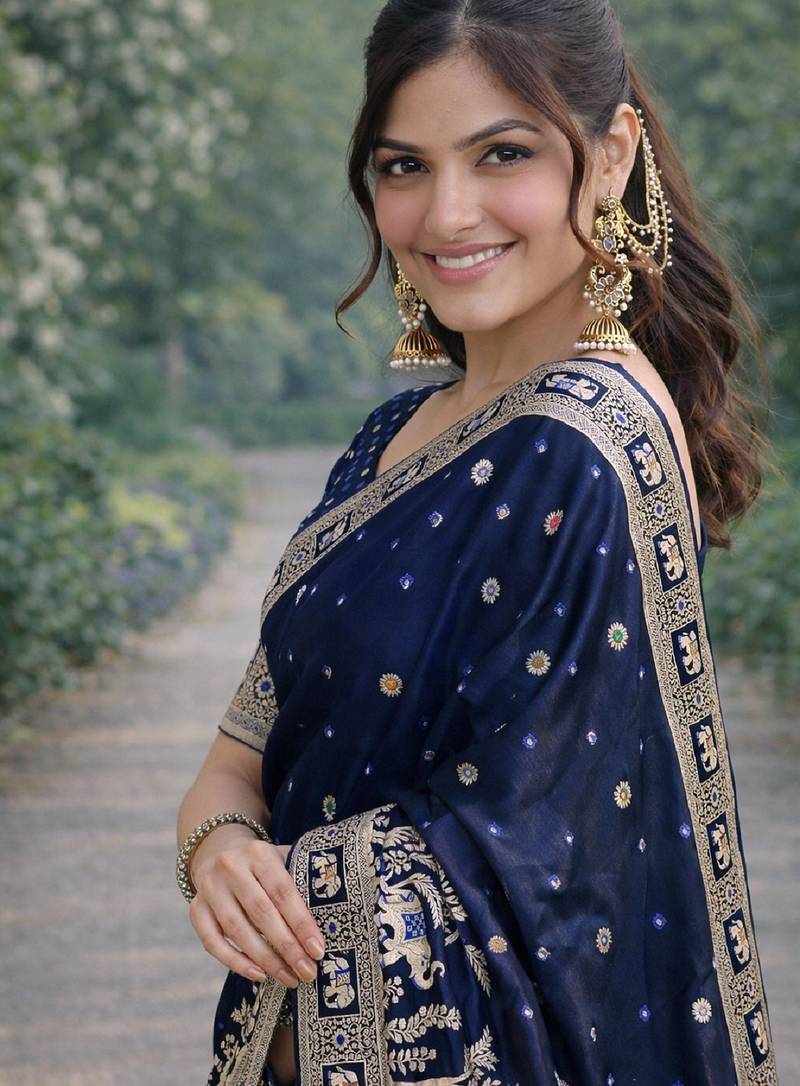 Blue soft silk banarasi jacuard work designer party wear saree with unstitched blouse piece