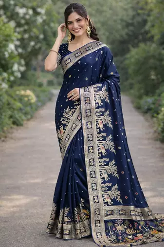 Blue silk blend banarasi saree with unstitched blouse piece