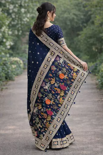 Blue silk blend banarasi saree with unstitched blouse piece