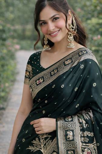 Green soft silk banarasi jacuard work designer party wear saree with unstitched blouse piece