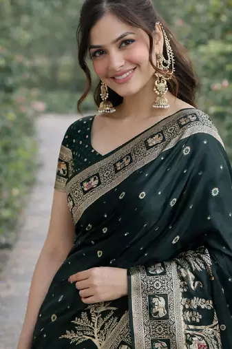 Green soft silk banarasi jacuard work designer party wear saree with unstitched blouse piece