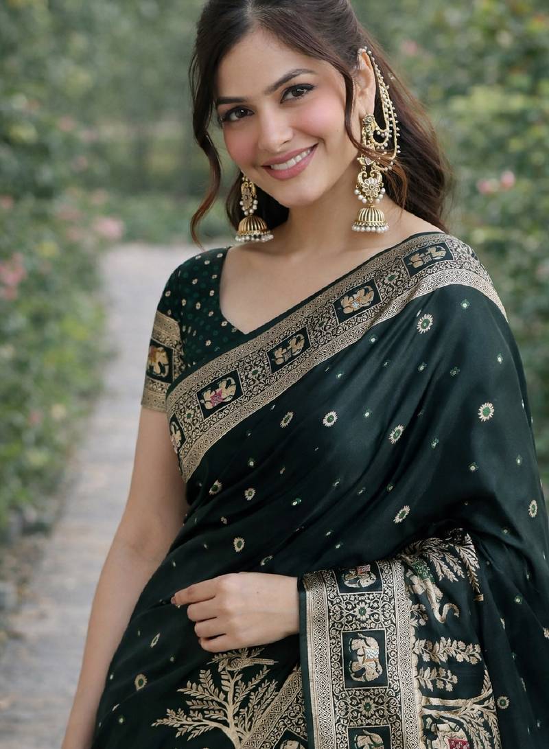 Green soft silk banarasi jacuard work designer party wear saree with unstitched blouse piece