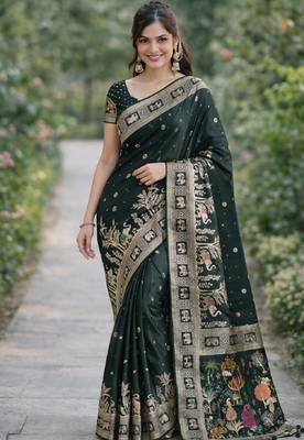 Green silk blend banarasi saree with unstitched blouse piece 2