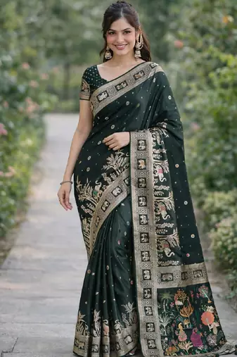 Green silk blend banarasi saree with unstitched blouse piece