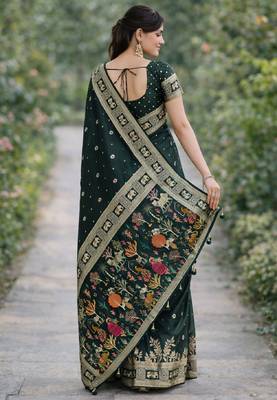 Green silk blend banarasi saree with unstitched blouse piece 3