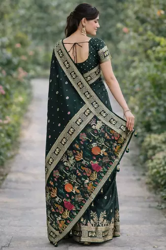 Green silk blend banarasi saree with unstitched blouse piece
