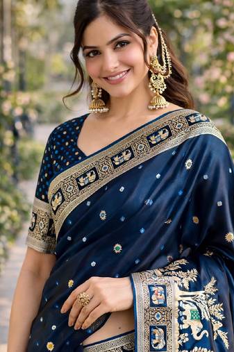 Morpich soft silk banarasi jacuard work designer party wear saree with unstitched blouse piece