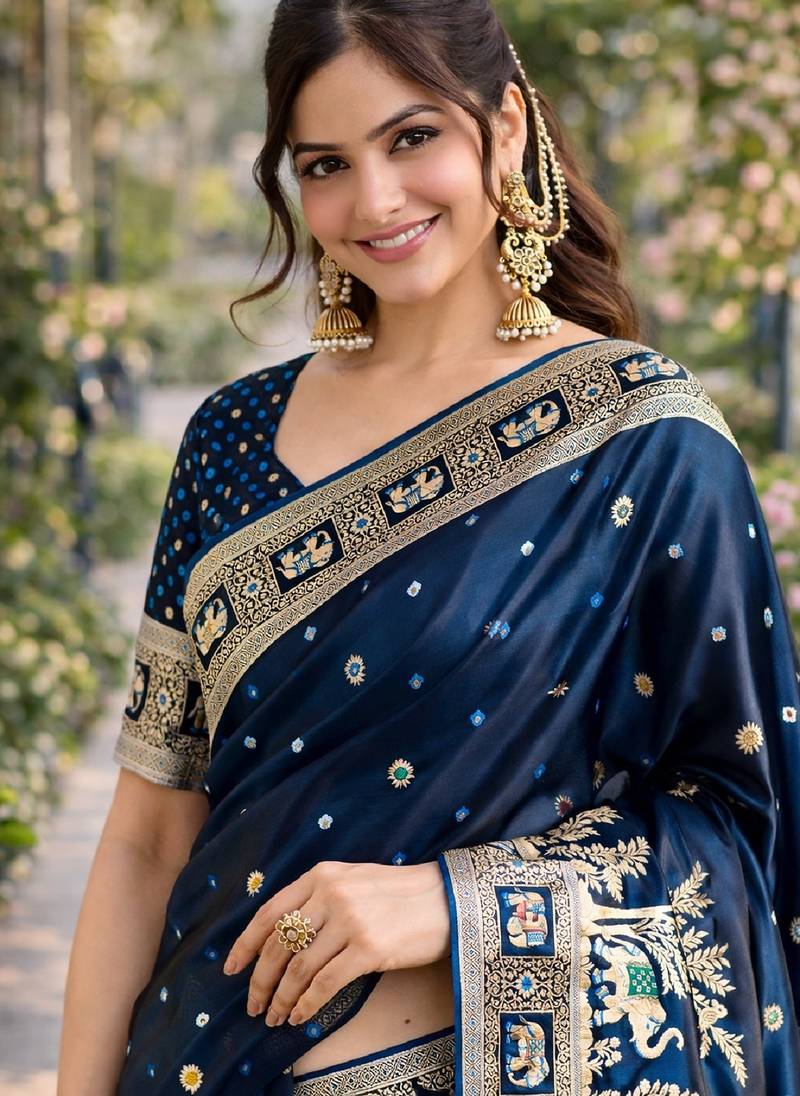 Morpich soft silk banarasi jacuard work designer party wear saree with unstitched blouse piece