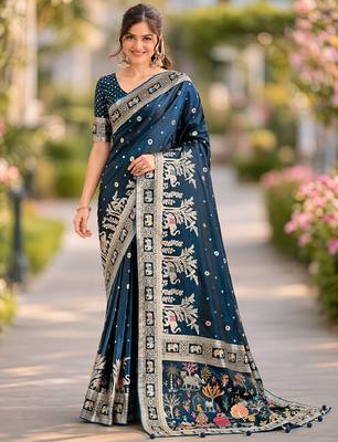 Morpich silk blend banarasi saree with unstitched blouse piece 2