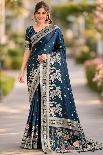 Morpich silk blend banarasi saree with unstitched blouse piece