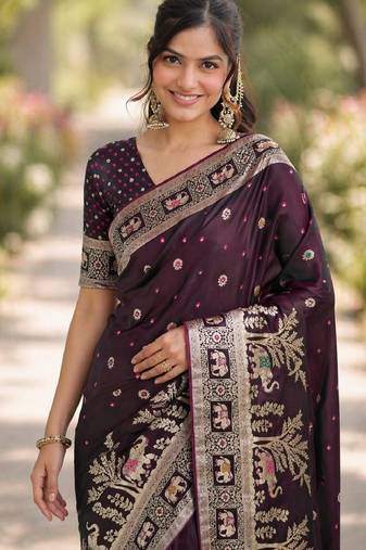 Wine soft silk banarasi jacuard work designer party wear saree with unstitched blouse piece