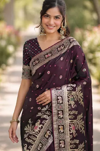 Wine soft silk banarasi jacuard work designer party wear saree with unstitched blouse piece