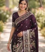Wine silk blend banarasi saree with unstitched blouse piece