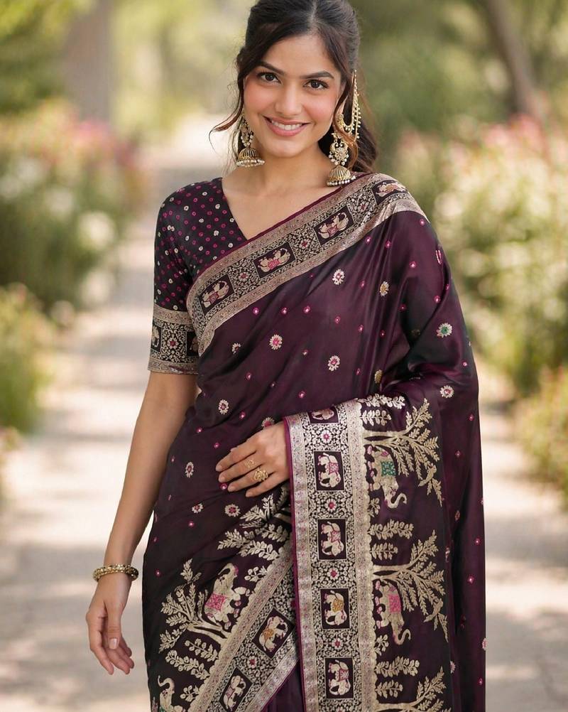Wine soft silk banarasi jacuard work designer party wear saree with unstitched blouse piece