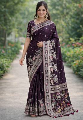 Wine silk blend banarasi saree with unstitched blouse piece 3