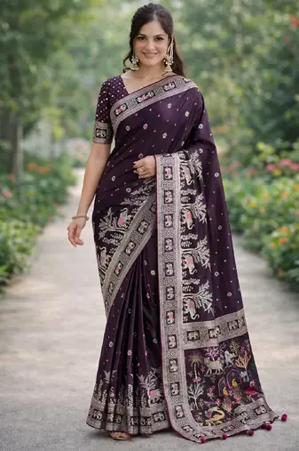 Wine silk blend banarasi saree with unstitched blouse piece