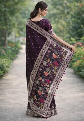 Wine silk blend banarasi saree with unstitched blouse piece 4