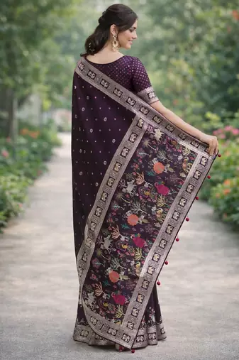 Wine silk blend banarasi saree with unstitched blouse piece