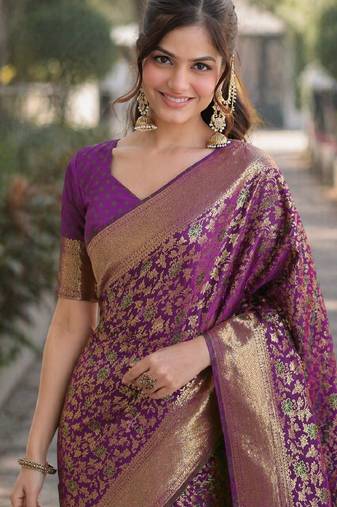 Wine soft silk banarasi jacuard work designer party wear saree with unstitched blouse piece