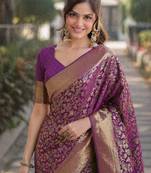 Wine silk blend banarasi saree with unstitched blouse piece