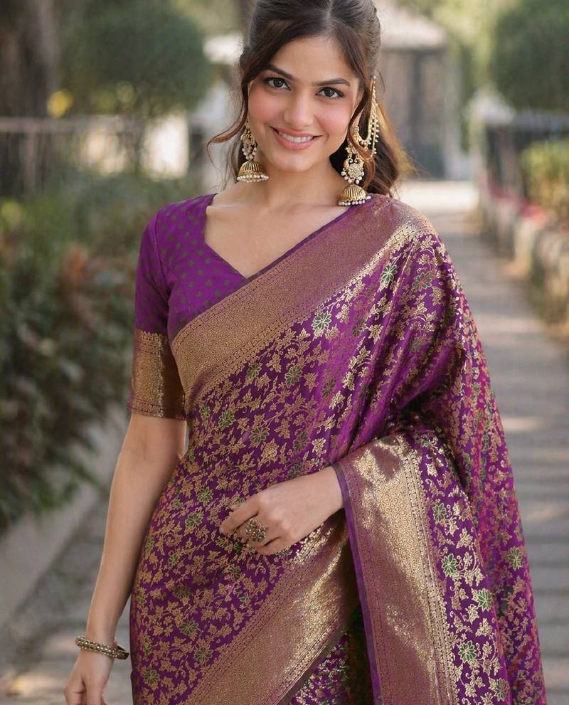 Wine soft silk banarasi jacuard work designer party wear saree with unstitched blouse piece
