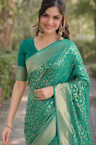 Teal green soft silk banarasi jacuard work designer party wear saree with unstitched blouse piece