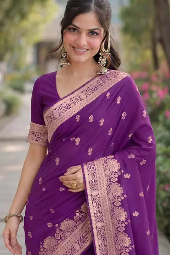 Wine soft silk banarasi jacuard work designer party wear saree with unstitched blouse piece