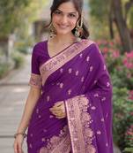 Wine silk blend banarasi saree with unstitched blouse piece