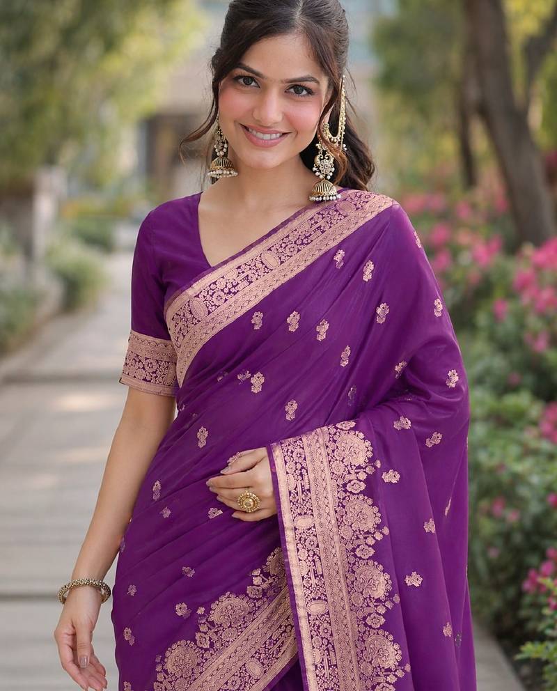 Wine soft silk banarasi jacuard work designer party wear saree with unstitched blouse piece