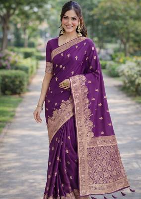 Wine silk blend banarasi saree with unstitched blouse piece 3