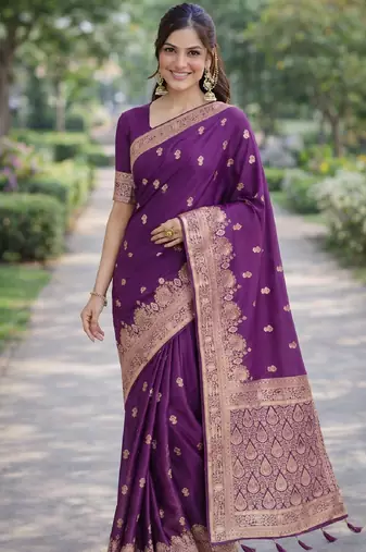 Wine silk blend banarasi saree with unstitched blouse piece