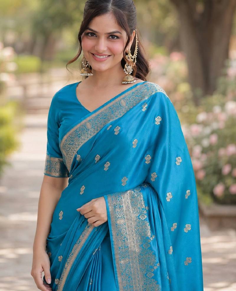 Rama soft silk banarasi jacuard work designer party wear saree with unstitched blouse piece