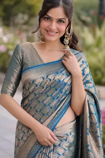 Rama silk blend banarasi saree with unstitched blouse piece