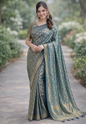 Rama silk blend banarasi saree with unstitched blouse piece 3